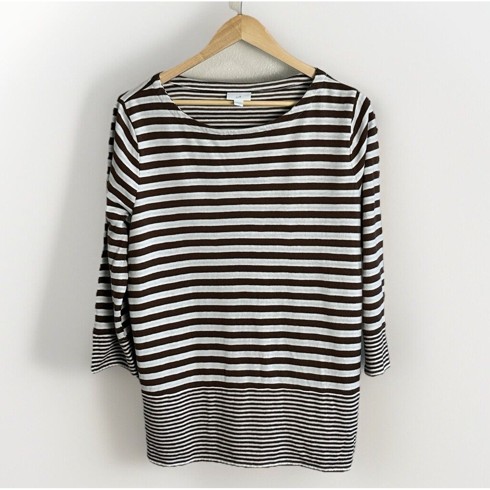 J. Jill Striped Pullover Top Women's Large Boat Neck 3/4 Sleeve Brown & White